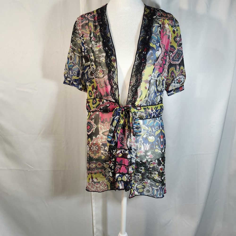 CAbi Multicolor Patchwork Kimono with Black Lace